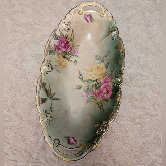 Antique Vintage Buffalo Pottery Serving Dish Cairo Pattern Floral Gold Trimmed - Picture 3 of 3